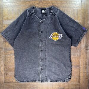 VTG Starter Black Label NBA Los Angeles Lakers Denim Baseball Shirt Men's Sz L